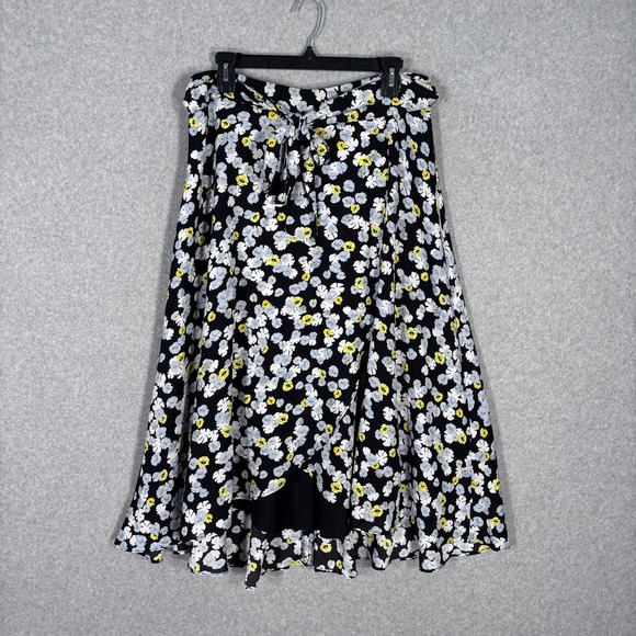 Ann Taylor Wrap Midi Skirt 12 Blue Yellow Floral Romantic Feminine Asymmetric - Picture 1 of 12